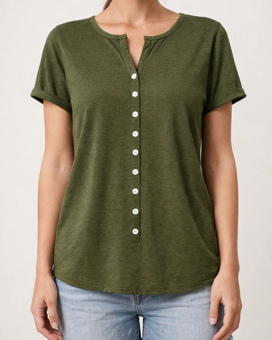 Spring and Summer Women's V-neck Button Short-sleeved Tops T-shirt Gray Black Red Purple Blue Green | JRSEE:07b89e78-cf20-4ed1-86e8-8d737082708b