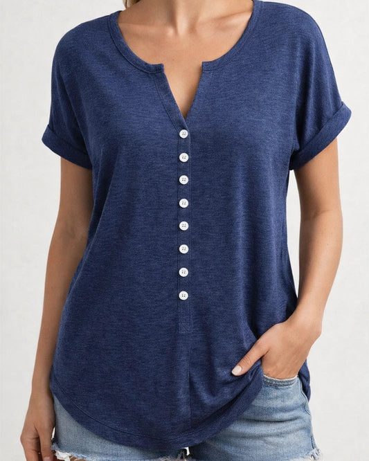 Spring and Summer Women's V-neck Button Short-sleeved Tops T-shirt Gray Black Red Purple Blue Green | JRSEE:5ae4e175-a29d-4057-9f2c-e5c5aca33926
