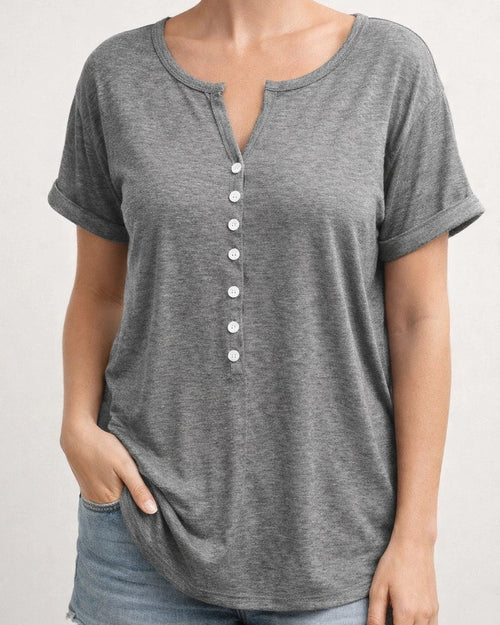 Spring and Summer Women's V-neck Button Short-sleeved Tops T-shirt Gray Black Red Purple Blue Green | JRSEE:57bbeaf7-a9a2-4fba-bd48-8e54ae8cb63b