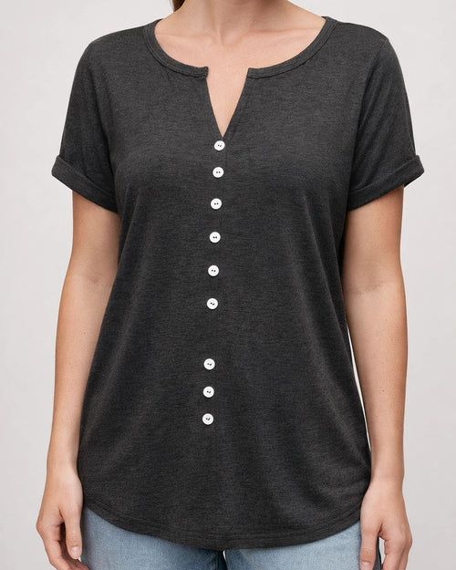 Spring and Summer Women's V-neck Button Short-sleeved Tops T-shirt Gray Black Red Purple Blue Green | JRSEE:c55b4e87-ff21-44c3-aa67-48f33310ed05