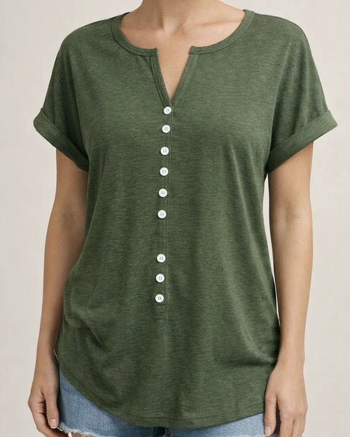 Spring and Summer Women's V-neck Button Short-sleeved Tops T-shirt Gray Black Red Purple Blue Green | JRSEE:5dc2b1e4-9889-4cf2-8fde-9f0dcdfbc9eb