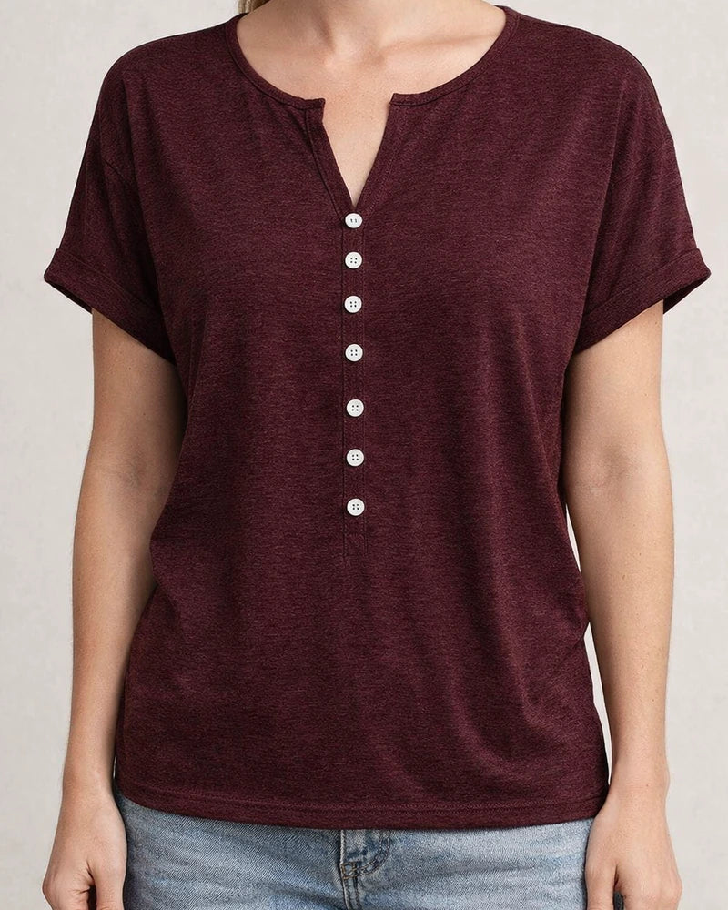 Spring and Summer Women's V-neck Button Short-sleeved Tops T-shirt Gray Black Red Purple Blue Green | JRSEE:8ca03614-4cb6-4c50-be86-f0c303c3e647