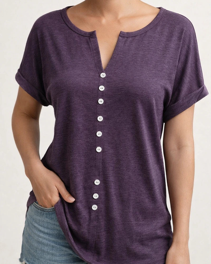 Spring and Summer Women's V-neck Button Short-sleeved Tops T-shirt Gray Black Red Purple Blue Green | JRSEE:eb040121-151d-4710-a95c-8493f7f2d069