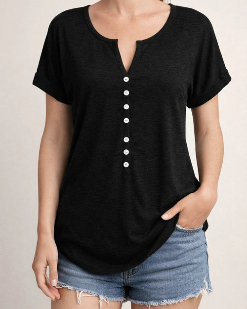 Spring and Summer Women's V-neck Button Short-sleeved Tops T-shirt Gray Black Red Purple Blue Green | JRSEE:25a0a56d-93d9-4a52-a83a-308d39bf9b60