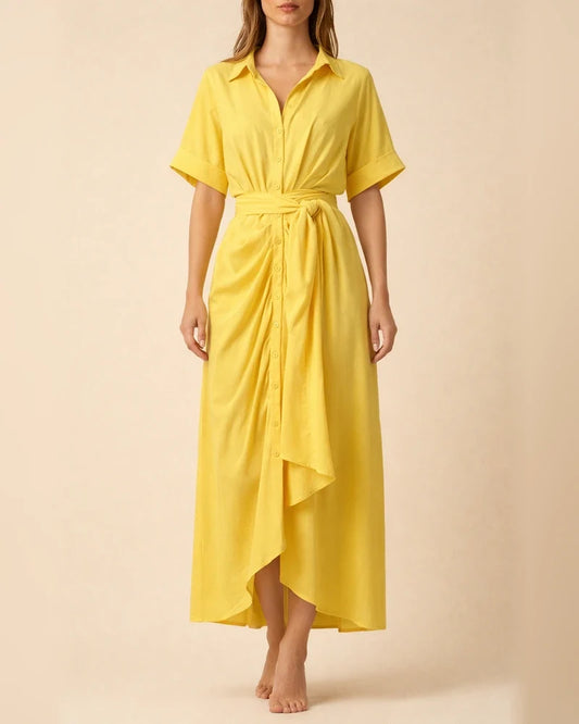Spring New Arrival Women's Fashionable Lapel-Neck Tie-Waist High-Waisted Solid-Color Dress | JRSEE:bf2481d9-7c6c-4f59-a45e-2f3208c7a44b