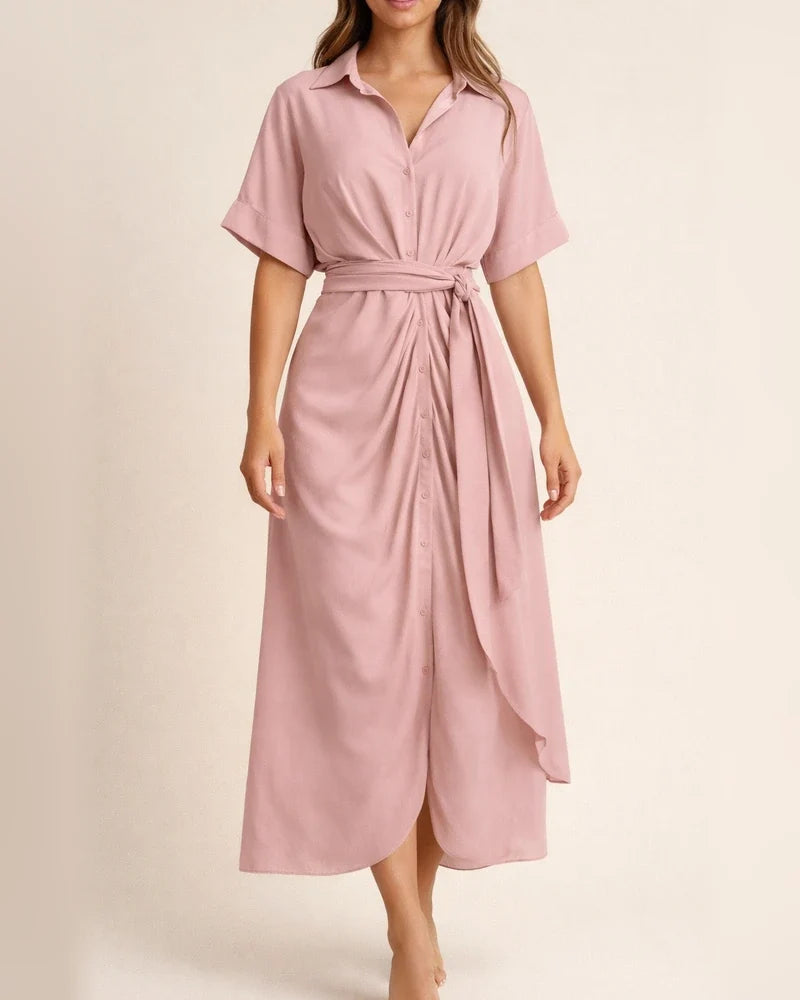 Spring New Arrival Women's Fashionable Lapel-Neck Tie-Waist High-Waisted Solid-Color Dress | JRSEE:06783dd4-f470-4171-bcdc-baa633eb0c6f