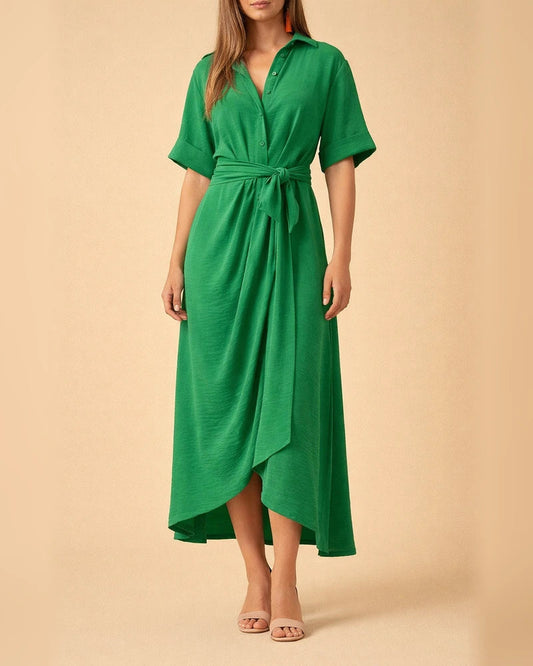 Spring New Arrival Women's Fashionable Lapel-Neck Tie-Waist High-Waisted Solid-Color Dress | JRSEE:e50fc662-74be-47d6-9ca1-fff339c5449b