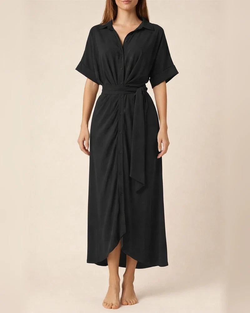 Spring New Arrival Women's Fashionable Lapel-Neck Tie-Waist High-Waisted Solid-Color Dress | JRSEE:e48db5d1-92bf-433d-8124-62163b06640c