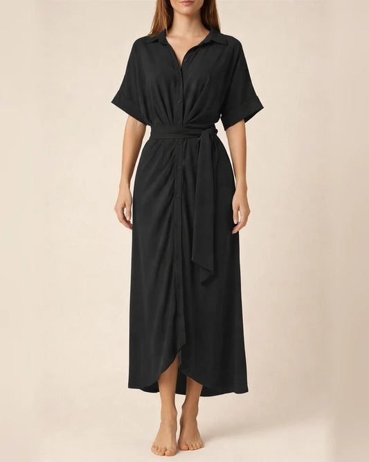 Spring New Arrival Women's Fashionable Lapel-Neck Tie-Waist High-Waisted Solid-Color Dress | JRSEE:e48db5d1-92bf-433d-8124-62163b06640c