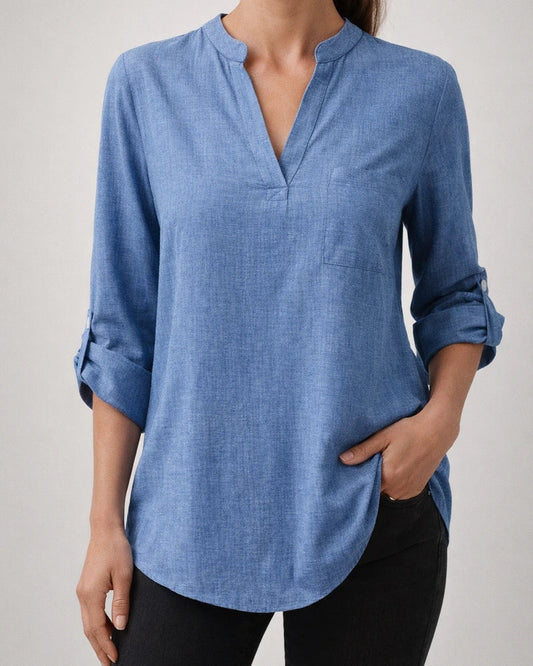 Spring/Summer New Arrival Women's Loose-Fit Plus Size V-Neck Solid Color Three-Quarter Sleeve Shirt | JRSEE:494b2bf1-8166-45c4-96b7-a8212692d6c7