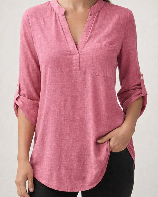 Spring/Summer New Arrival Women's Loose-Fit Plus Size V-Neck Solid Color Three-Quarter Sleeve Shirt | JRSEE:abae1521-6ab0-4566-9732-5df5ae8d1a7b