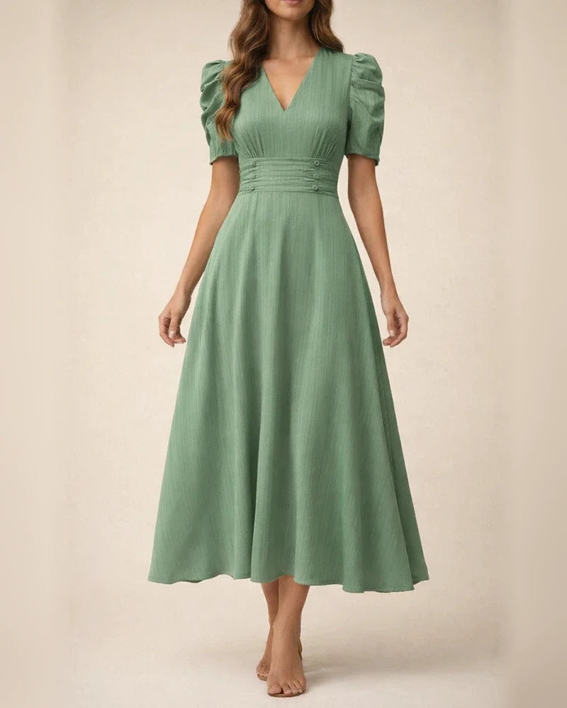 Spring/Summer Women's Fashionable High-Waisted Solid-Color Fitted Short-Sleeve Pleated Dress | JRSEE:a3d969ce-e0a3-48a9-ac38-50a196d1de55