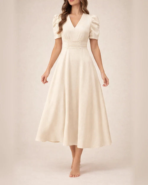 Spring/Summer Women's Fashionable High-Waisted Solid-Color Fitted Short-Sleeve Pleated Dress | JRSEE:5e00b5b3-de03-42c2-87a9-f849631b37be
