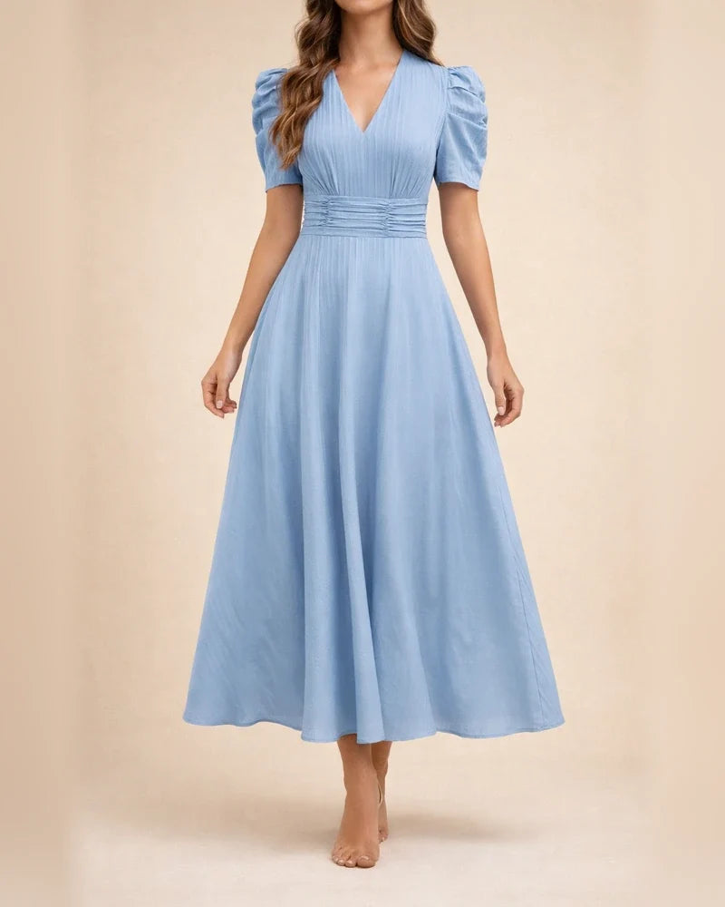 Spring/Summer Women's Fashionable High-Waisted Solid-Color Fitted Short-Sleeve Pleated Dress | JRSEE:c5a3e51a-1517-43ab-b9cd-497de9895682