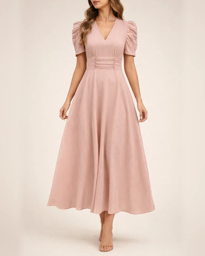 Spring/Summer Women's Fashionable High-Waisted Solid-Color Fitted Short-Sleeve Pleated Dress | JRSEE:a79ac34a-b910-42e4-9e38-6552cc713c7e