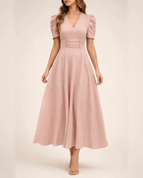 Spring/Summer Women's Fashionable High-Waisted Solid-Color Fitted Short-Sleeve Pleated Dress | JRSEE:a79ac34a-b910-42e4-9e38-6552cc713c7e