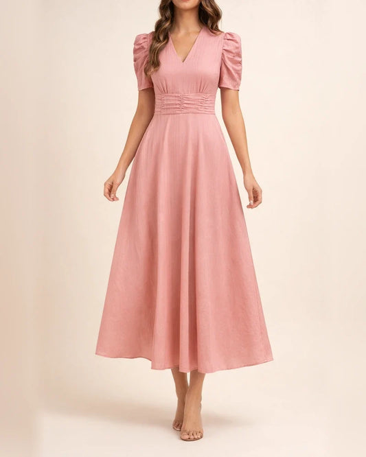 Spring/Summer Women's Fashionable High-Waisted Solid-Color Fitted Short-Sleeve Pleated Dress | JRSEE:412c78ef-2b7d-4dd1-b499-d9334e35f008