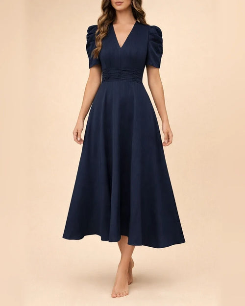 Spring/Summer Women's Fashionable High-Waisted Solid-Color Fitted Short-Sleeve Pleated Dress | JRSEE:939d46db-cfe4-41fb-bd18-e353653af0dc