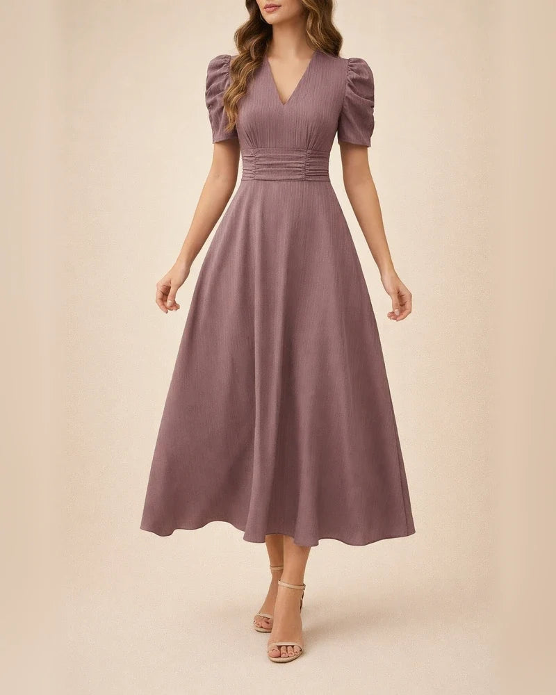 Spring/Summer Women's Fashionable High-Waisted Solid-Color Fitted Short-Sleeve Pleated Dress | JRSEE:b368f41d-0e2d-49f3-a57f-c68f84e16f41
