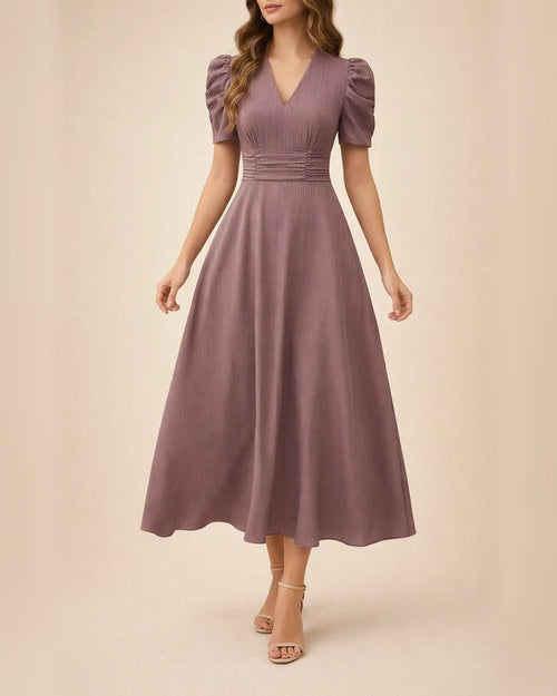 Spring/Summer Women's Fashionable High-Waisted Solid-Color Fitted Short-Sleeve Pleated Dress | JRSEE:b368f41d-0e2d-49f3-a57f-c68f84e16f41