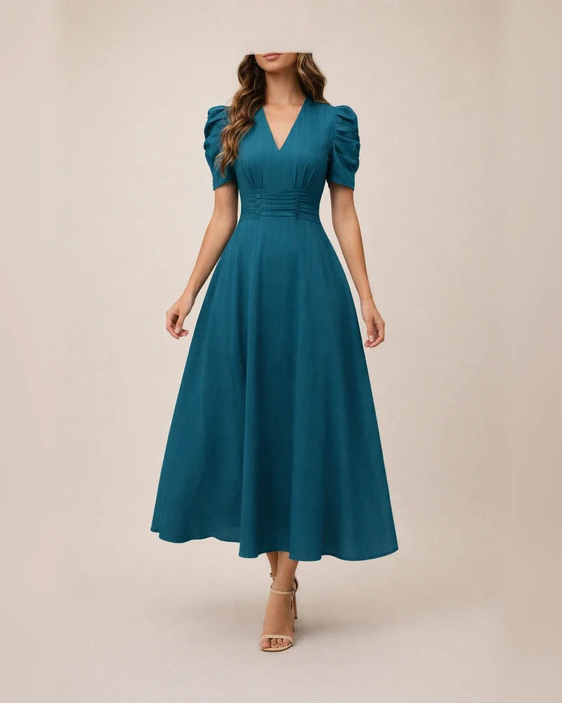Spring/Summer Women's Fashionable High-Waisted Solid-Color Fitted Short-Sleeve Pleated Dress | JRSEE:35d54fc7-e970-471e-9082-f1685003edcd