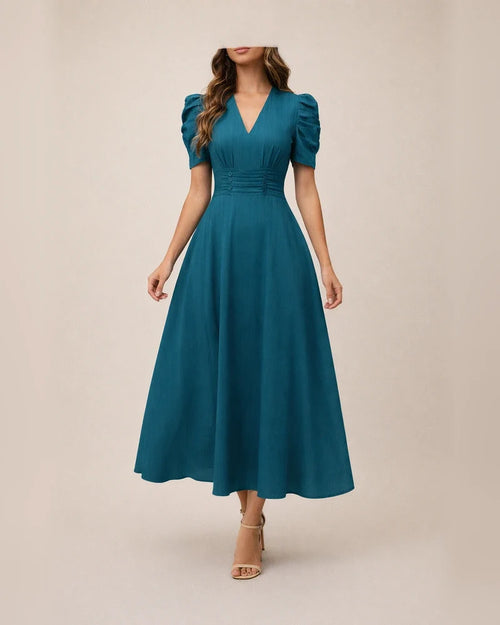 Spring/Summer Women's Fashionable High-Waisted Solid-Color Fitted Short-Sleeve Pleated Dress | JRSEE:35d54fc7-e970-471e-9082-f1685003edcd