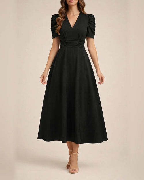Spring/Summer Women's Fashionable High-Waisted Solid-Color Fitted Short-Sleeve Pleated Dress | JRSEE:f14d9804-90d6-4054-b044-7db995116c83