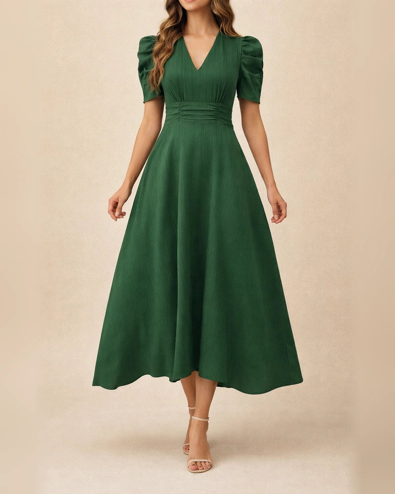 Spring/Summer Women's Fashionable High-Waisted Solid-Color Fitted Short-Sleeve Pleated Dress | JRSEE:b79a62e3-d922-4ac7-886f-15401eb8e969