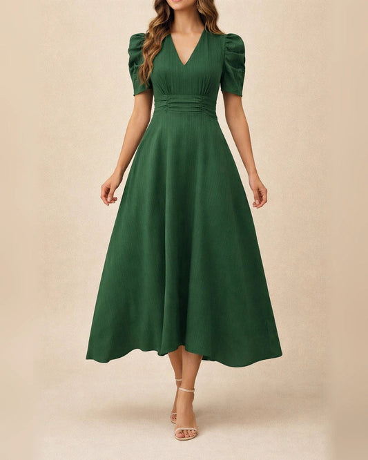 Spring/Summer Women's Fashionable High-Waisted Solid-Color Fitted Short-Sleeve Pleated Dress | JRSEE:b79a62e3-d922-4ac7-886f-15401eb8e969