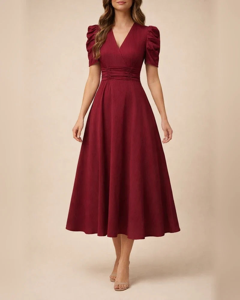 Spring/Summer Women's Fashionable High-Waisted Solid-Color Fitted Short-Sleeve Pleated Dress | JRSEE:6fe61cfa-54d5-4e09-b413-a256685f7707