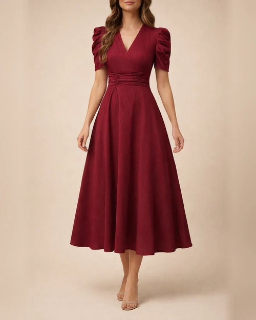 Spring/Summer Women's Fashionable High-Waisted Solid-Color Fitted Short-Sleeve Pleated Dress | JRSEE:6fe61cfa-54d5-4e09-b413-a256685f7707
