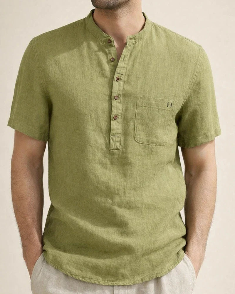 Stand Collar Short-sleeved Linen Shirt Sleeve Breathable Casual Linen Soft Slim Fit Men | JRSEE:0f3426cf-c566-4db3-b4f5-8006b5cce724