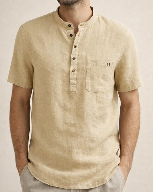 Stand Collar Short-sleeved Linen Shirt Sleeve Breathable Casual Linen Soft Slim Fit Men | JRSEE:d9be28de-55a0-4c3f-9b9f-3dd8b5bc9efa