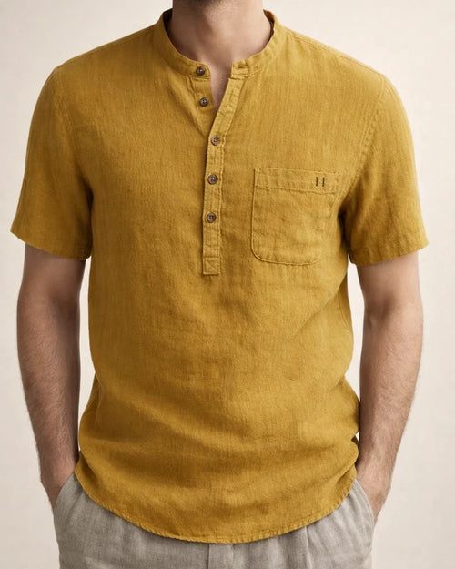 Stand Collar Short-sleeved Linen Shirt Sleeve Breathable Casual Linen Soft Slim Fit Men | JRSEE:261dba92-dd0d-4990-abee-961e5daa3dc8