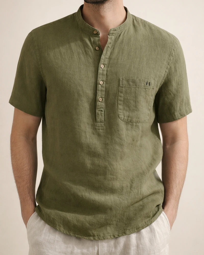 Stand Collar Short-sleeved Linen Shirt Sleeve Breathable Casual Linen Soft Slim Fit Men | JRSEE:796dd85a-e22f-475f-aa10-97e461c436f1