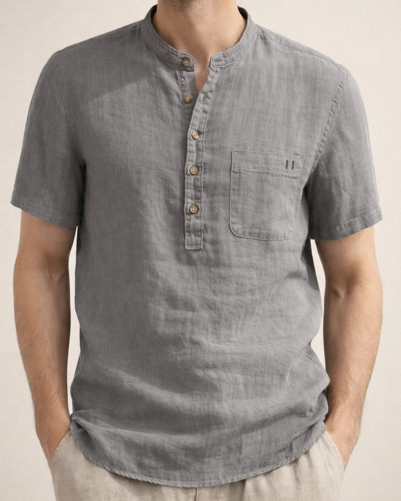 Stand Collar Short-sleeved Linen Shirt Sleeve Breathable Casual Linen Soft Slim Fit Men | JRSEE:611136b4-261e-4afc-a3b2-ce5f04f822d5