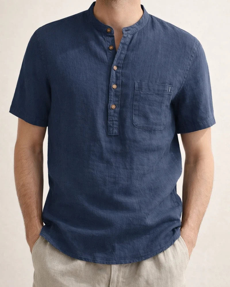 Stand Collar Short-sleeved Linen Shirt Sleeve Breathable Casual Linen Soft Slim Fit Men | JRSEE:1098ea39-6a88-440d-a3b5-08b1421fd6b5