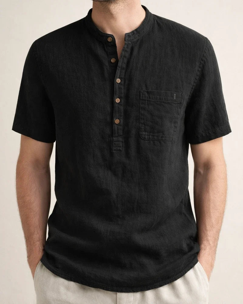 Stand Collar Short-sleeved Linen Shirt Sleeve Breathable Casual Linen Soft Slim Fit Men | JRSEE:27cf3c6c-d7c8-4c80-b4bc-f7890f847970