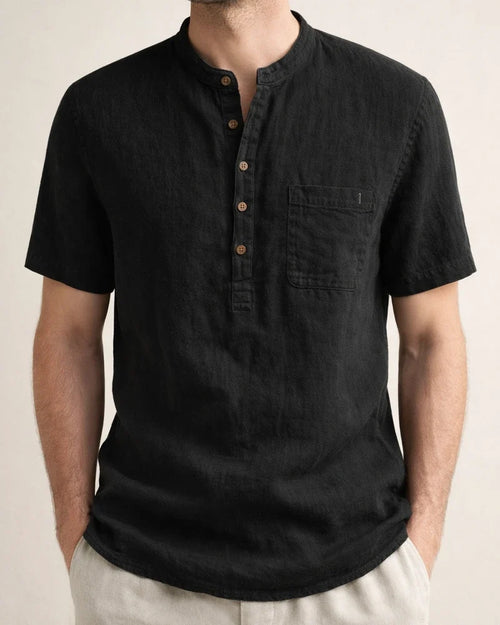 Stand Collar Short-sleeved Linen Shirt Sleeve Breathable Casual Linen Soft Slim Fit Men | JRSEE:27cf3c6c-d7c8-4c80-b4bc-f7890f847970
