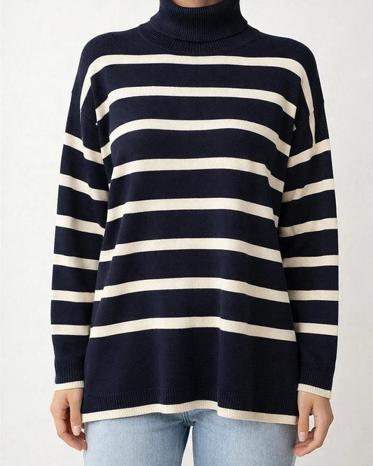 Striped High Neck Elegant Wind Sweater Women's Fall and Winter Loose Type Knitting Temperament Commuter Tops | JRSEE:6def8048-b665-418c-bc50-c6ff50408197