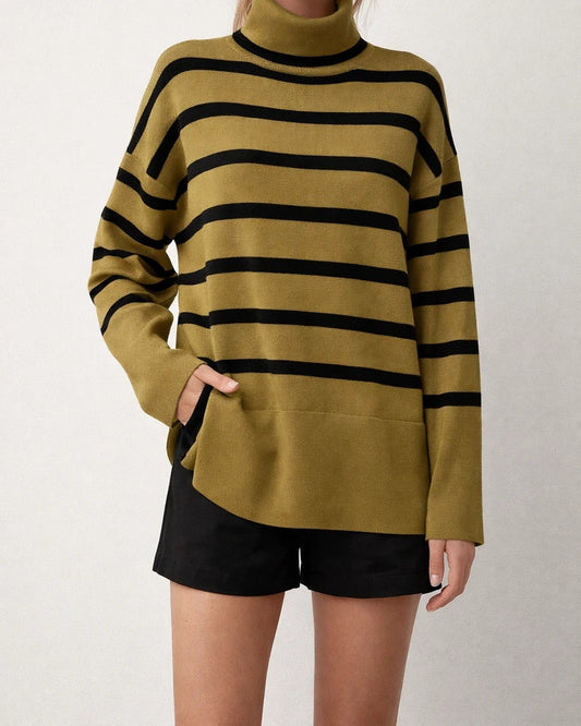 Striped High Neck Elegant Wind Sweater Women's Fall and Winter Loose Type Knitting Temperament Commuter Tops | JRSEE:4ac1e884-0979-4a09-ad04-23b03e49d389