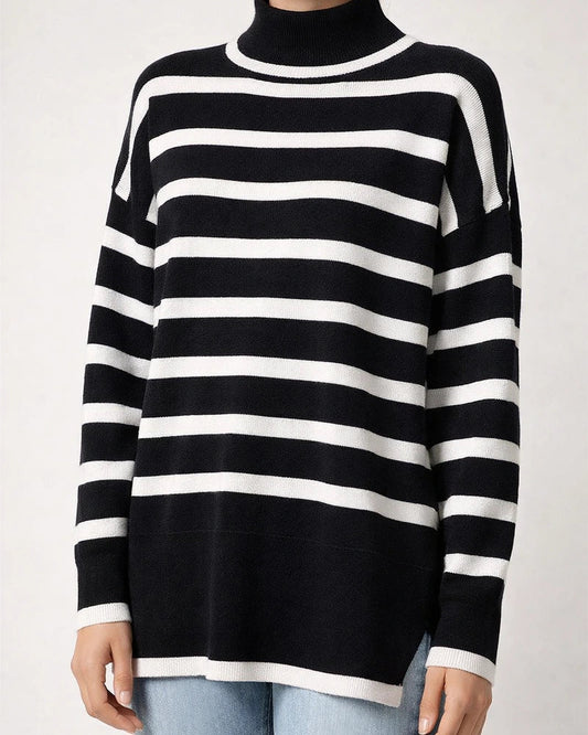 Striped High Neck Elegant Wind Sweater Women's Fall and Winter Loose Type Knitting Temperament Commuter Tops | JRSEE:7b3938fc-cb80-46f9-80b3-81972d56fcd9