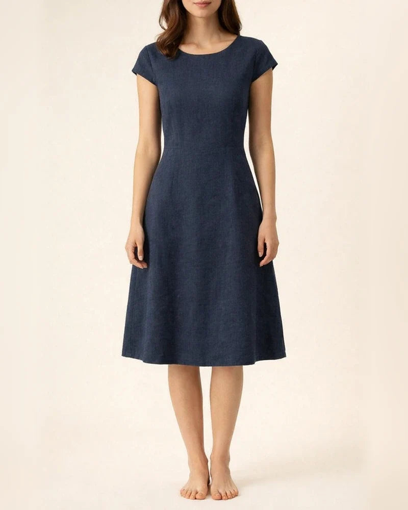 Summer Comfortable Casual Female Cotton and Linen Solid Color Back Big V Hollow-out Round Neck Dress, Navy Blue, Orange Red, Army Green, Matcha Color | JRSEE:ac2d6101-a9e5-4868-8629-e2f01a28ecb7