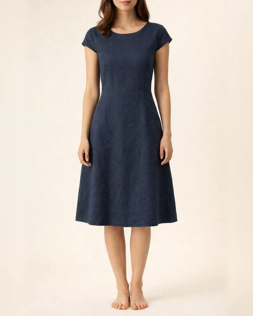 Summer Comfortable Casual Female Cotton and Linen Solid Color Back Big V Hollow-out Round Neck Dress, Navy Blue, Orange Red, Army Green, Matcha Color | JRSEE:ac2d6101-a9e5-4868-8629-e2f01a28ecb7