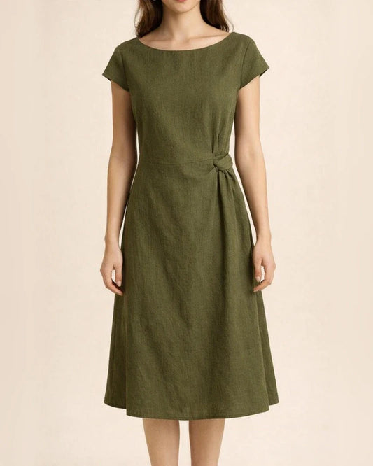 Summer Comfortable Casual Female Cotton and Linen Solid Color Back Big V Hollow-out Round Neck Dress, Navy Blue, Orange Red, Army Green, Matcha Color | JRSEE:08ff3fc7-22f1-4f05-b9bf-e53428007995
