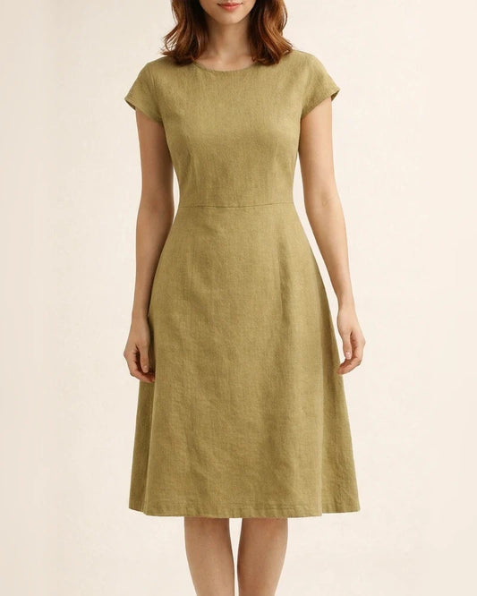 Summer Comfortable Casual Female Cotton and Linen Solid Color Back Big V Hollow-out Round Neck Dress, Navy Blue, Orange Red, Army Green, Matcha Color | JRSEE:c65feb14-f34c-4518-9ec9-94543c12947d
