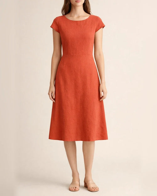 Summer Comfortable Casual Female Cotton and Linen Solid Color Back Big V Hollow-out Round Neck Dress, Navy Blue, Orange Red, Army Green, Matcha Color | JRSEE:26034687-f962-4893-af5f-47d87f5d915f
