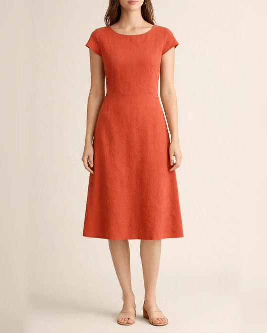 Summer Comfortable Casual Female Cotton and Linen Solid Color Back Big V Hollow-out Round Neck Dress, Navy Blue, Orange Red, Army Green, Matcha Color | JRSEE:26034687-f962-4893-af5f-47d87f5d915f