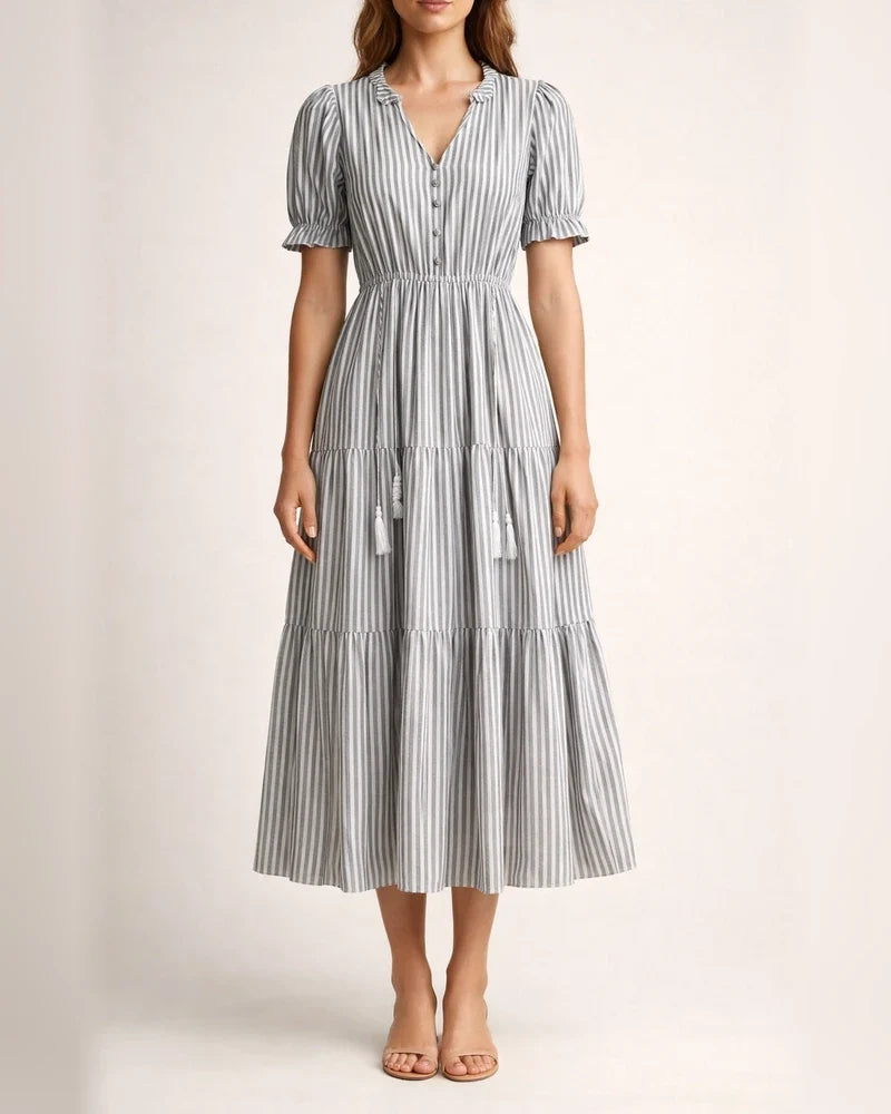 Summer Europe and The United States Fashion Women's V-neck Wooden Ear Fringe Striped Dress Style | JRSEE:bfc6127c-d8d4-4045-ba9f-e8b9f09ae8a5
