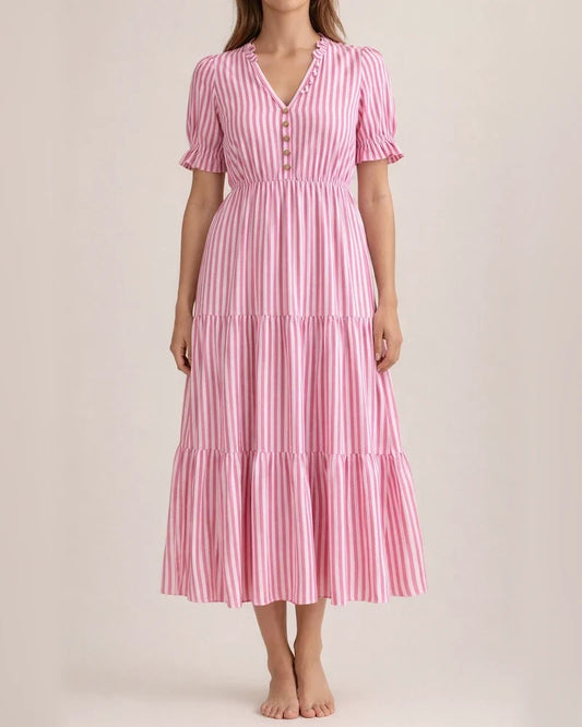 Summer Europe and The United States Fashion Women's V-neck Wooden Ear Fringe Striped Dress Style | JRSEE:03b51b1f-5d38-4e66-8c34-816d728245dd